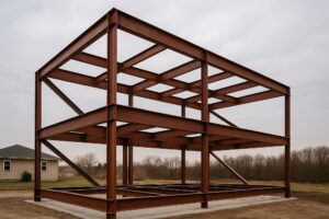 اسکلت فلزی سبک ساختمان در حال ساخت یک پروژه است