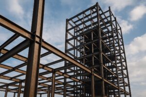 اسکلت فلزی سنگین که برای ساختمان بلندمرتبه صنعتی و بزرگ استفاده شده است.