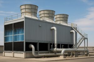 عکس واقعی برج خنک کننده ترکیبی صنعتی با فن های سقفی، لوله های فلزی و جریان آب و هوا، در محیط نیروگاه مدرن