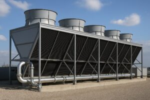 برج خنککننده خشک صنعتی با فن های بزرگ و رادیاتور های فلزی در محیط کارخانه، مخصوص مناطق خشک و کم آب