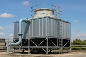 نمایی از برج خنککننده مرطوب صنعتی در محیط کارخانه، با لوله های فلزی و بخار در حال خروج، مناسب برای نیروگاه ها و صنایع بزرگ