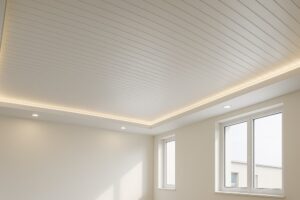 سقف کاذب PVC سفید و براق با تایلهای باریک و نورپردازی مخفی در فضای روشن.