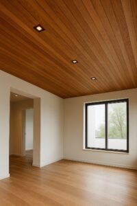 سقف کاذب چوبی با الوارهای طبیعی و نورپردازی خطی در فضای داخلی لوکس و گرم.