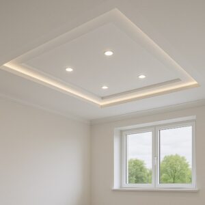 سقف کاذب کناف با طراحی هندسی مدرن و نورپردازی مخفی در اتاق روشن.