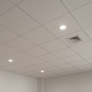 سقف کاذب گچی سفید با تایل های منظم و نورپردازی توکار در فضای داخلی مدرن.