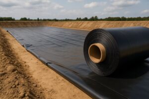 نصب ژئوممبران LLDPE انعطاف پذیر مشکی در استخر کشاورزی برای آب بندی و ذخیره آب.