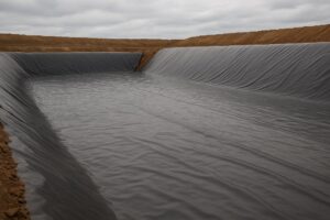 پوشش ژئوممبران PVC خاکستری تیره در حوضچه صنعتی برای حفاظت در برابر حرارت و مواد شیمیایی.