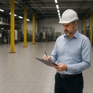 مهندس در حال بررسی و یادداشت‌برداری در سالن صنعتی با کفپوش کاشی خاکستری، ستون‌های زرد و تجهیزات فلزی