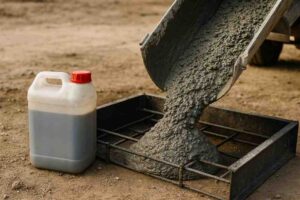 افزودنی تسریع کننده گیرش بتن در کارگاه ساختمانی، شامل ظرف پلاستیکی حاوی محلول شیمیایی در کنار بتن تازه در حال ریختن داخل قالب فلزی، با جزئیات دقیق و نور طبیعی.