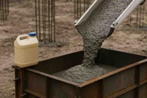 افزودنی دیرگیر بتن در محیط کارگاهی، شامل ظرف پلاستیکی حاوی محلول شیمیایی در کنار بتن در حال ریختن از تراک میکسر داخل قالب فلزی، در هوای گرم و خشک.