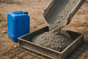 افزودنی های کاهش دهنده آب بتن در کارگاه ساختمانی، شامل ظرف پلاستیکی آبی حاوی افزودنی و بتن در حال ریختن در قالب فلزی، با نور طبیعی در محیط صنعتی.