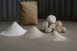 نمای صنعتی از چهار نوع گچ و آهک شامل پودر گچ سفید، گچ پلیمری، آهک هیدراته و قطعات آهک زنده روی کف بتنی با کیسه مصالح در پس زمینه