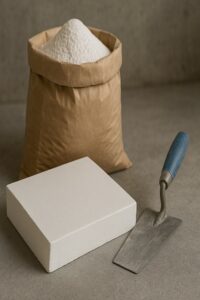 کیسه باز سیمان سفید تزئینی در کنار یک بلوک بتنی سفید و صاف و ماله فلزی با دسته آبی روی زمین بتنی، در محیط کارگاهی با نور طبیعی.