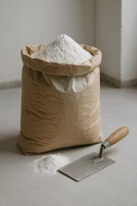 کیسه باز شده از سیمان سفید معمولی که پودر سفید از آن بیرون زده و در کنار آن ماله ای با دسته چوبی روی زمین قرار دارد، در محیط کارگاهی با نور طبیعی.