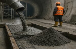 کارگر ساختمانی در حال نظارت بر بتن ریزی با سیمان پرتلند مقاوم در برابر سولفات در تونل عمرانی، با تجهیزات ایمنی و محیط صنعتی مرطوب.