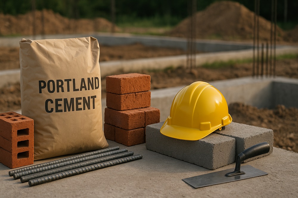 کیسه سیمان، کلاه ایمنی زرد، بتن قرمز، میلگرد و ماله دستی روی سطح بتن در کارگاه ساختمانی