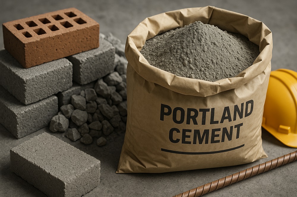 کیسه باز سیمان پرتلند در کنار آجر، بلوک های سیمانی، میلگرد و کلاه ایمنی زرد در کارگاه ساختمانی