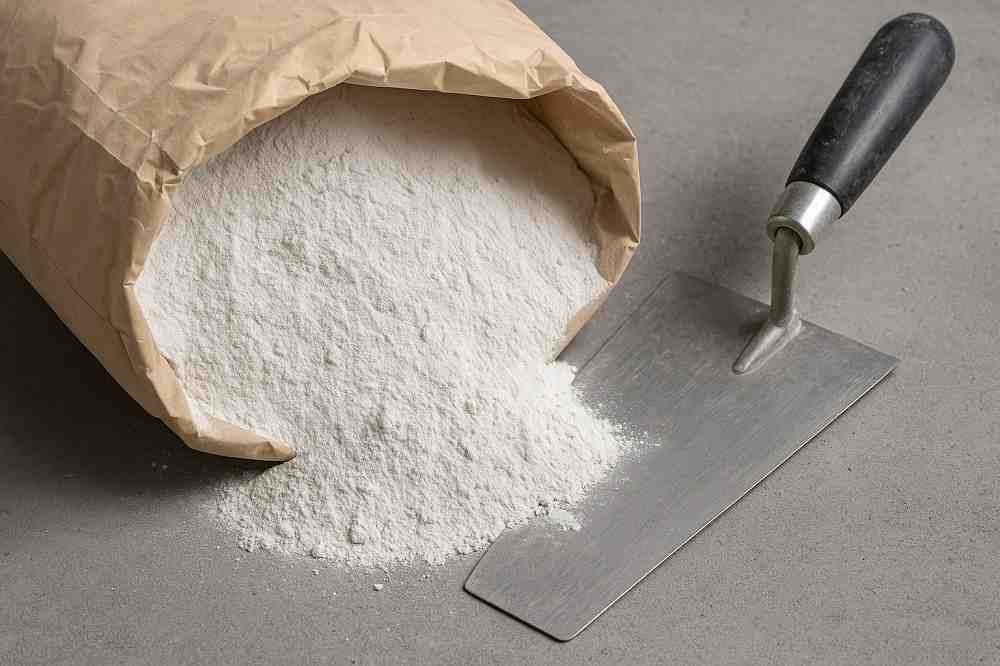 کیسه باز شده سیمان سفید صنعتی که پودر سفید از آن روی زمین ریخته و در کنار آن یک ماله فلزی قرار دارد، در محیط کارگاهی با نور طبیعی.