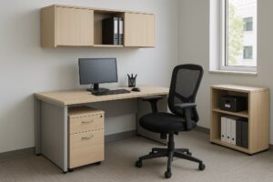 میز کار کارمندی با صندلی ارگونومیک و فضای ذخیره‌سازی در دفتری روشن و ساده