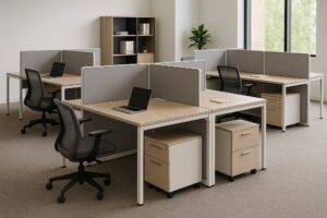 فضای کاری مدرن با میزهای مدولار، پارتیشن‌های متحرک و صندلی‌های ارگونومیک