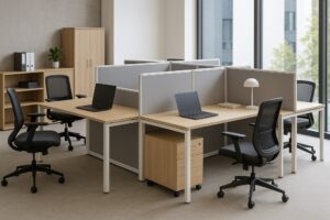 فضای کاری گروهی با میز مشترک، چند صندلی ارگونومیک و نور طبیعی