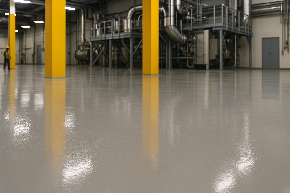 سالن صنعتی مدرن با کفپوش صنعتی اپوکسی براق؛ ستون های زرد، تجهیزات استنلس استیل در پس زمینه و نورپردازی یکنواخت