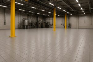 نمایی  از سالن صنعتی مدرن با کفپوش صنعتی کاشی خاکستری روشن، ستون‌های زرد فلزی و تجهیزات استیل 