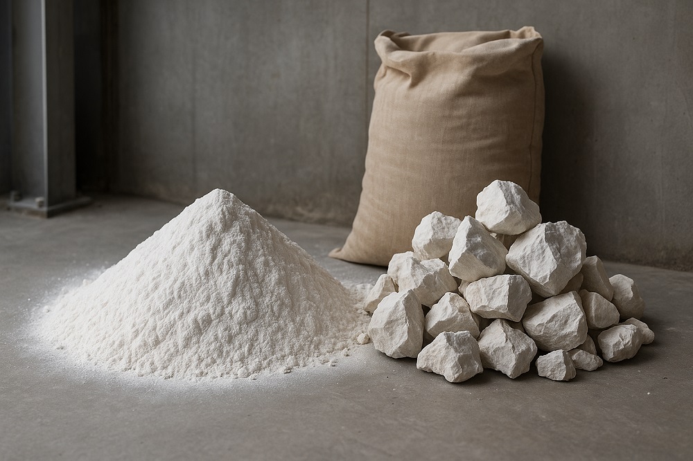 نمای صنعتی از توده پودر گچ و آهک در کف بتنی یک کارگاه ساختمانی با کیسه مصالح در پس‌زمینه