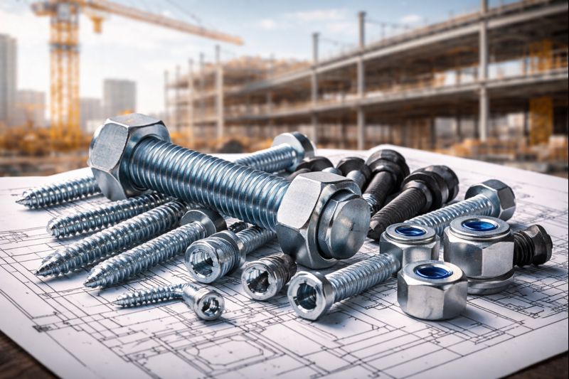 انواع پیچ و مهره های ساختمانی شامل پیچ های شش گوش، خودکار، آلن و مهره های نایلونی که روی نقشه مهندسی قرار گرفته اند، در پس‌زمینه سازه در حال ساخت با جرثقیل و نور طبیعی دیده می‌شود.