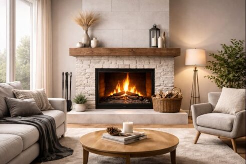 یک شومینه مدرن در فضای داخلی مسکونی با طراحی مهندسی و چیدمان مینیمال