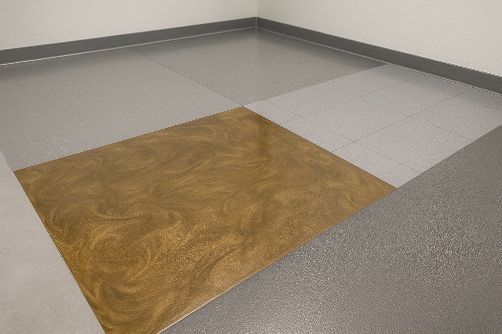 چهار نوع کفپوش اپوکسی در یک فضای صنعتی مدرن، شامل اپوکسی ساده، آنتی استاتیک، فلزدار و فشرده با سطوح براق و مقاوم.