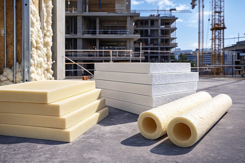 فوم های ساختمانی از جنس پلی یورتان و پلی استایرن در محیط کارگاه ساختمان، شامل تخته‌ها و رول‌های فوم سفید، آبی و زرد رنگ در نور طبیعی روز روی کف بتنی.