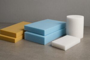 انواع فوم ساختمانی شامل فوم پلی یورتان زرد، فوم پلی استایرن سفید و فوم اکسپند شده آبی روی سطح بتنی در محیط کارگاهی.