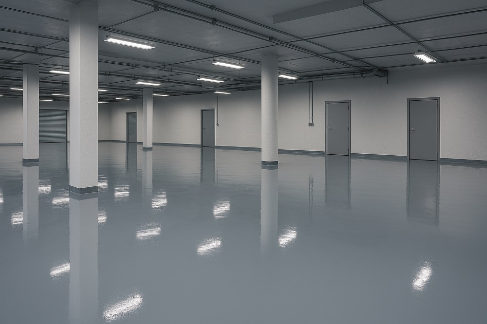 فضای صنعتی مدرن با کفپوش اپوکسی براق و خاکستری، ستون‌های سفید و نورپردازی یکنواخت سقفی؛ محیط تمیز و فنی مناسب برای کارخانه ها، گاراژها و فضاهای تجاری.