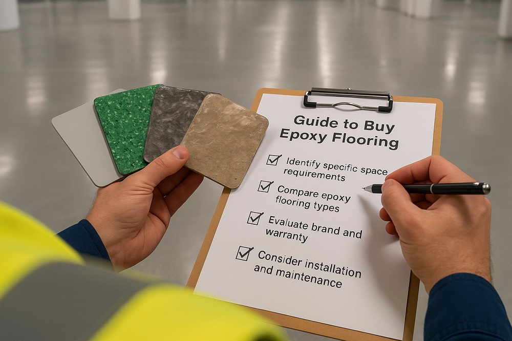 مهندس در حال بررسی نمونه‌های کفپوش اپوکسی و چک لیست راهنمای خرید در فضای صنعتی مدرن با کف براق و تجهیزات فنی.