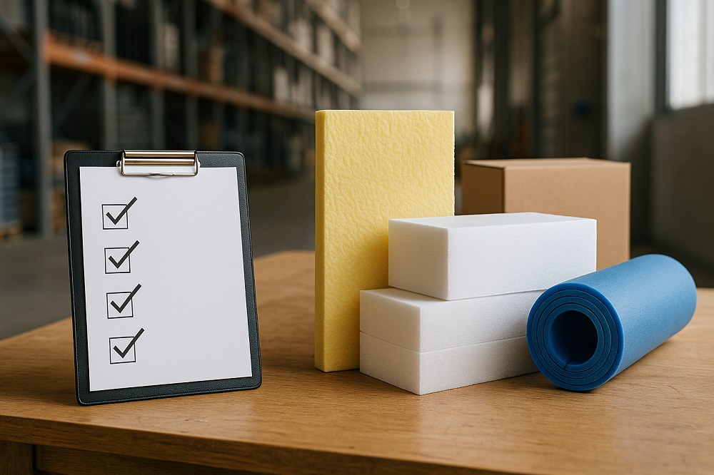 نمونه هایی از فوم های ساختمانی در رنگ ها و ضخامت های مختلف همراه با چک لیست بررسی کیفیت و انتخاب در کارگاه یا انبار.