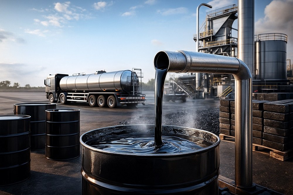 فرایند آسفالت ریزی و تخلیه قیر داغ از تانکر در کارگاه راه سازی، همراه با کارگران و ماشین آلات عمرانی در پس زمینه