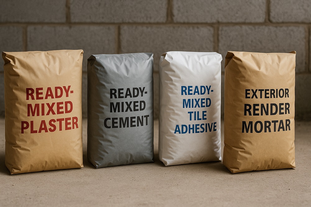 چند کیسه ملات آماده روی کف کارگاه ساختمانی، در مقابل دیوار بلوک سیمانی، مناسب برای مقاله ملات آماده در ساختمان سازی